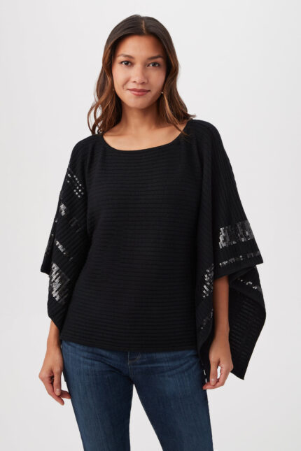 ADELA MERINO WOOL WRAP SWEATER WITH BLACK SEQUIN STRIPES