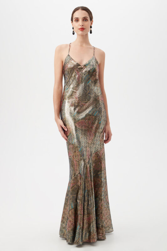 ARANA BUTTERFLY PRINT SILK SLIP MAXI DRESS