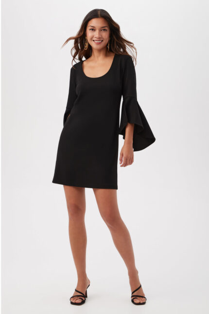 BARBETTE U-NECK CREPE KNIT COCKTAIL DRESS WITH BELL SLEEVE CUFFS