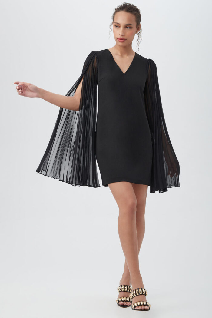 CELESTINA CREPE KNIT SHEATH COCKTAIL DRESS WITH LONG SPLIT SHEER SLEEVES