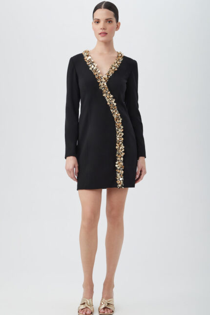 DARLIAH LONG SLEEVE WRAP COCKTAIL DRESS WITH DECORATIVE TRIM