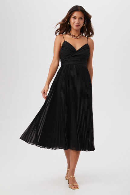 NATALIE SLEEVELESS MIDI DRESS WITH A-LINE SKIRT AND ACCORDION PLEATS