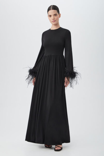 ORLA LONG SLEEVE MAXI DRESS WITH BELL SLEEVES AND FEATHER TRIM