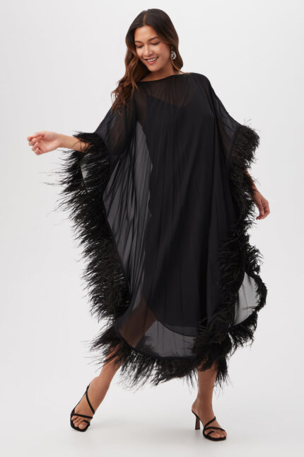 PLEATED NEENA BOATNECK MAXI CAFTAN DRESS WITH FEATHER TRIM