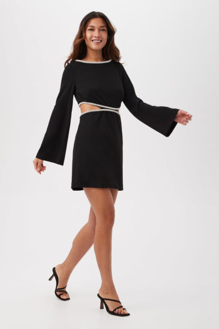 SABIA BOATNECK CREPE KNIT DRESS WITH RHINESTONE TRIM AND WAIST CUTOUTS