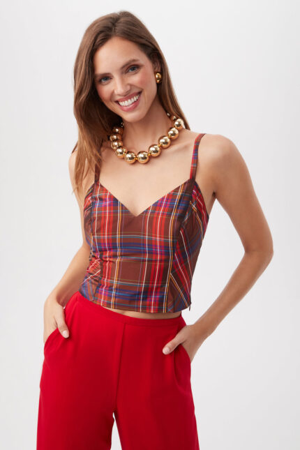 SIWAN 3 PLAID SLEEVELESS CROPPED CORSET CAMI TOP