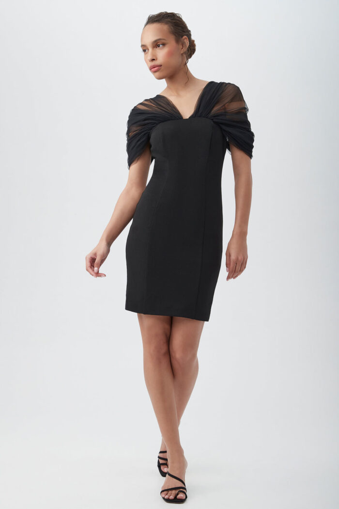 YUMA V-NECK SHEATH DRESS WITH TULLE SLEEVES