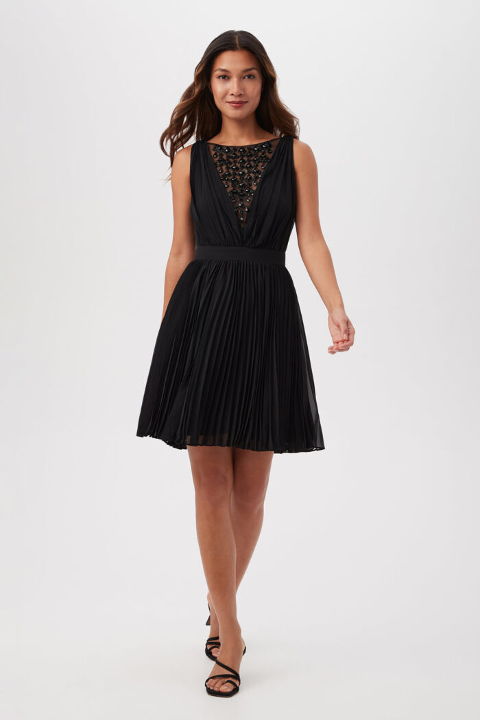 ZATHAR SLEEVELESS DRESS WITH JEWELED FRONT AND ACCORDION PLEATS