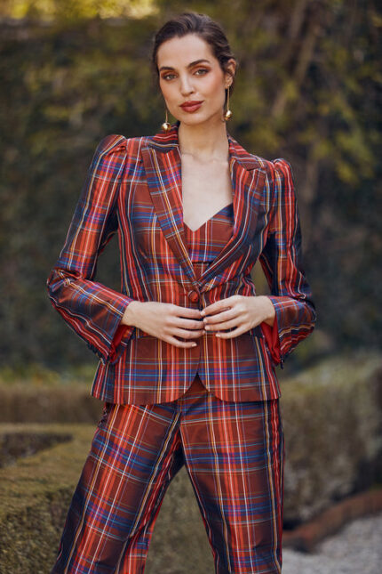 ZELDA PLAID PUFF SLEEVE BLAZER JACKET